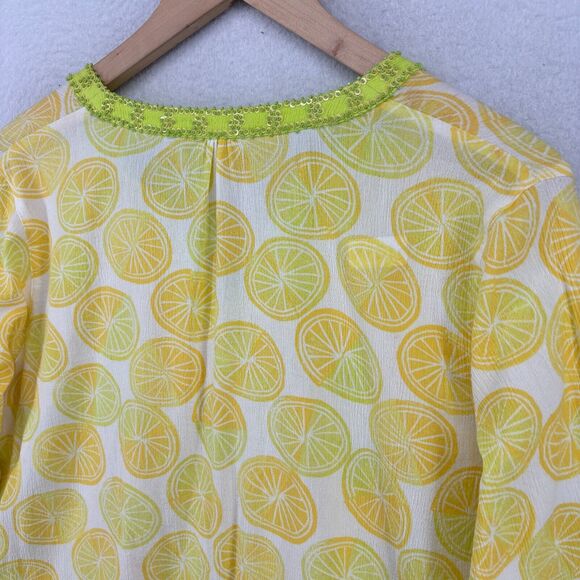 SIGRID OLSEN Top S Lemon Print Crinkle Gauze V-Neck Beaded Sequin Cotton Yellow - Picture 6 of 13